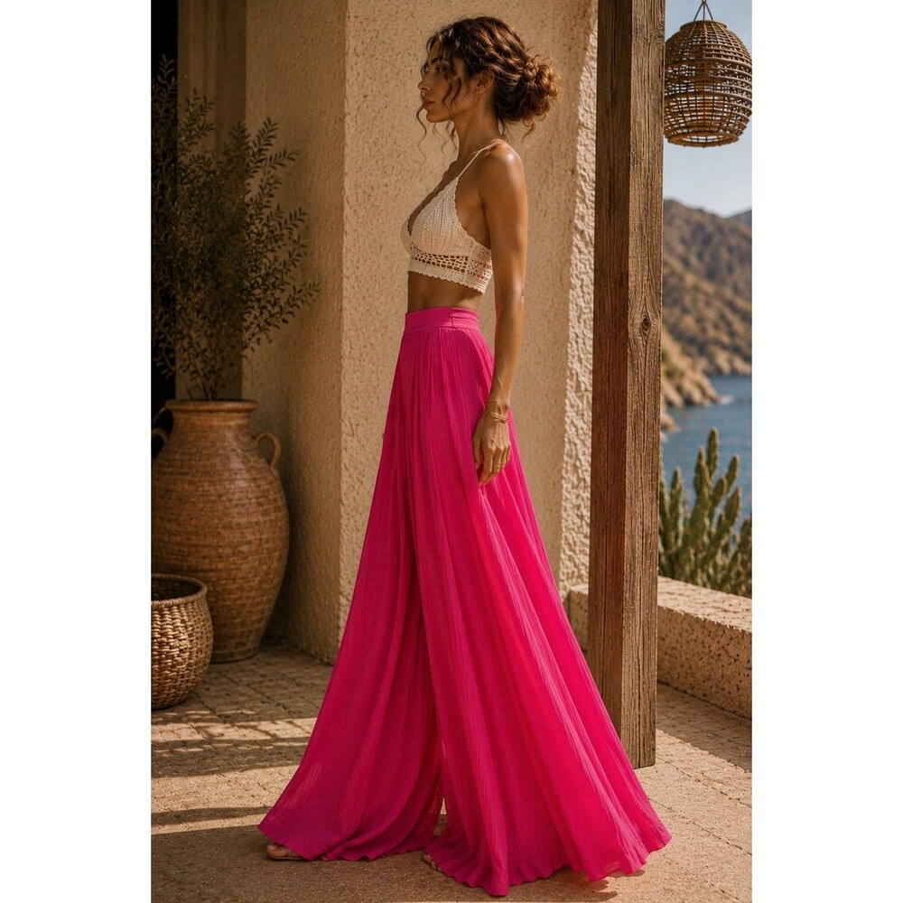 Women’s Hot Pink Pleated Wide Leg Wrap Palazzo Pants Boho Resort L - Picture 5 of 16